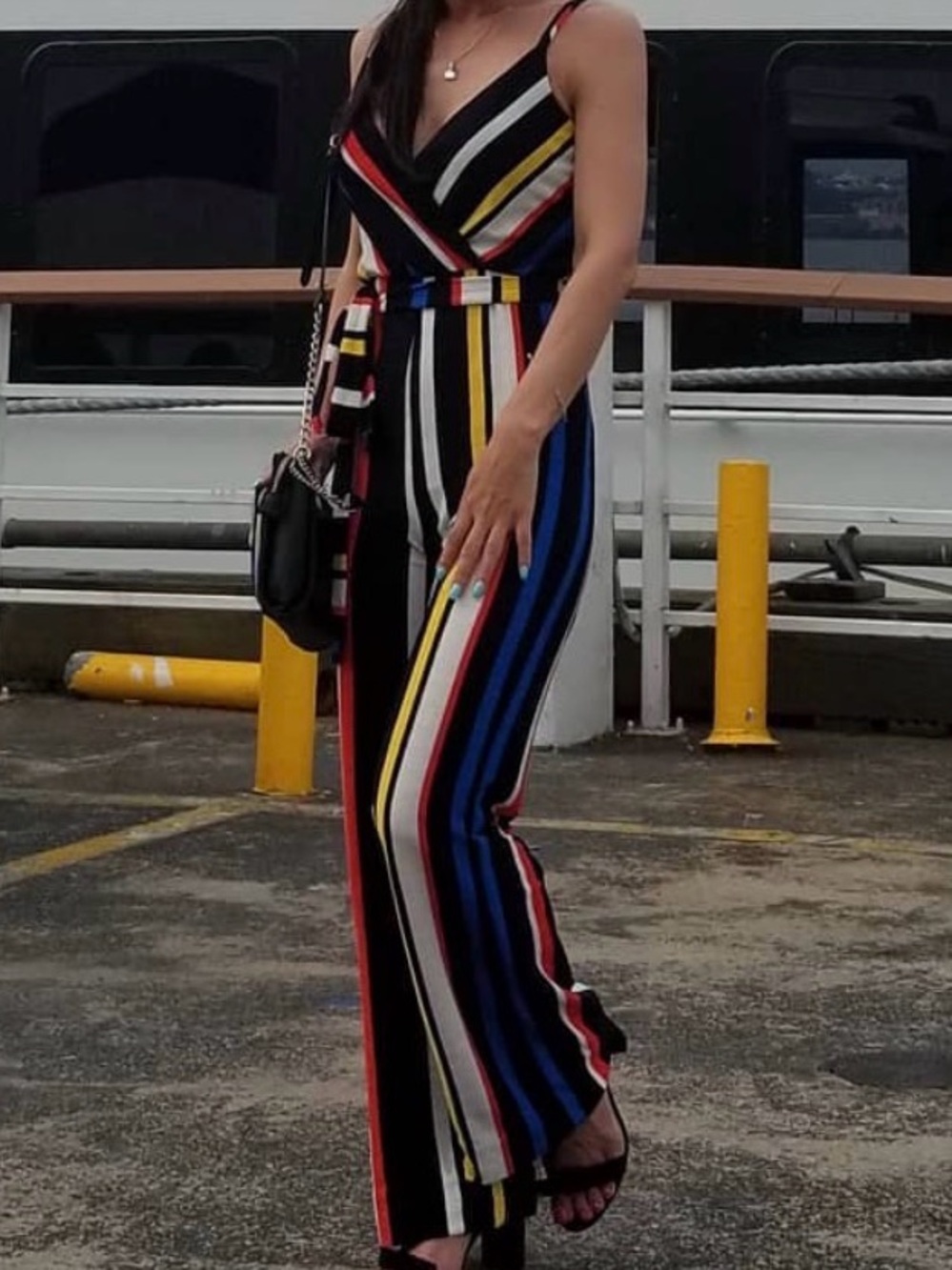 Fashion Nova Black Multi-Color Striped V-Neck Belted Jumpsuit